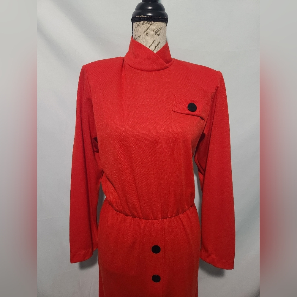 Vintage 80s Carriage Court Red/Orange Dress. Size 10. Mock Neck. Faux Buttons.